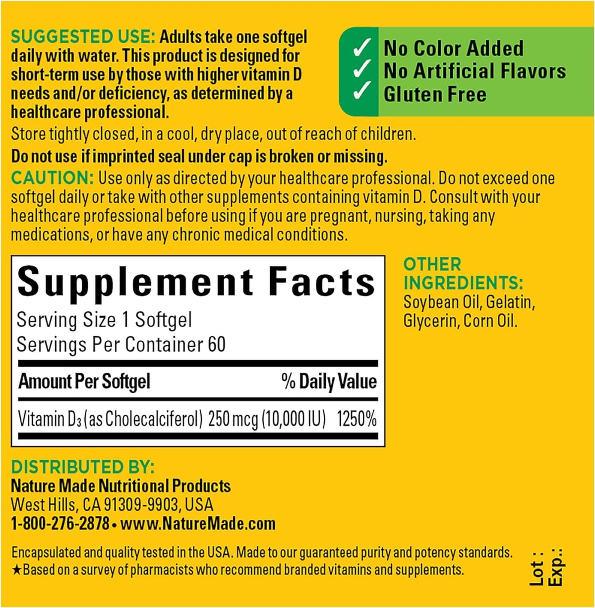 Nature Made Maximum Strength Vitamin D3 10000 IU (250 mcg), Food Supplement for Bone, Teeth, Muscle and Immune Health Support, 60 Soft gel capsules, 60 Day Supply - Pack of 2 - görsel 5