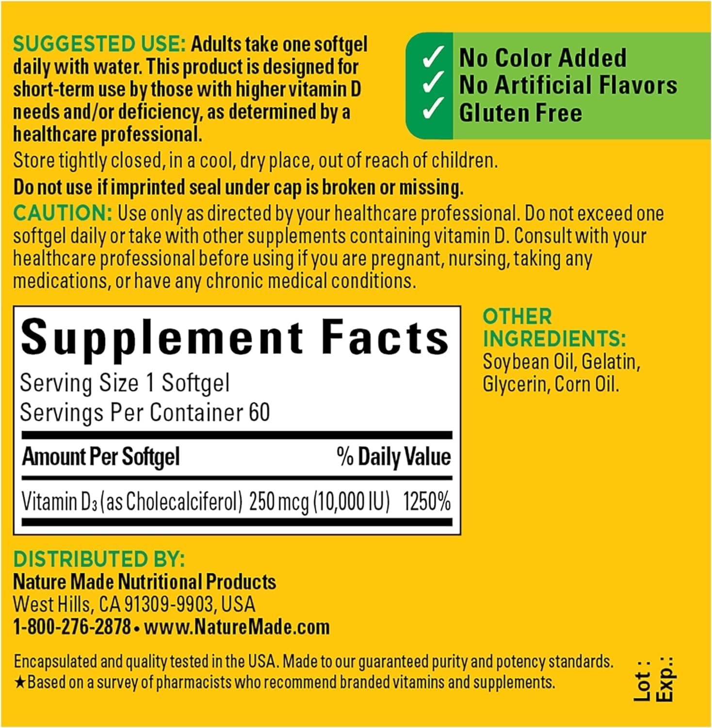 Nature Made Maximum Strength Vitamin D3 10000 IU (250 mcg), Food Supplement for Bone, Teeth, Muscle and Immune Health Support, 60 Soft gel capsules, 60 Day Supply - Pack of 2 - görsel 5