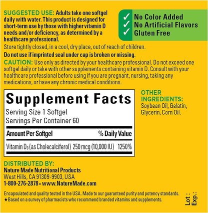 Nature Made Maximum Strength Vitamin D3 10000 IU (250 mcg), Food Supplement for Bone, Teeth, Muscle and Immune Health Support, 60 Soft gel capsules, 60 Day Supply - Pack of 2