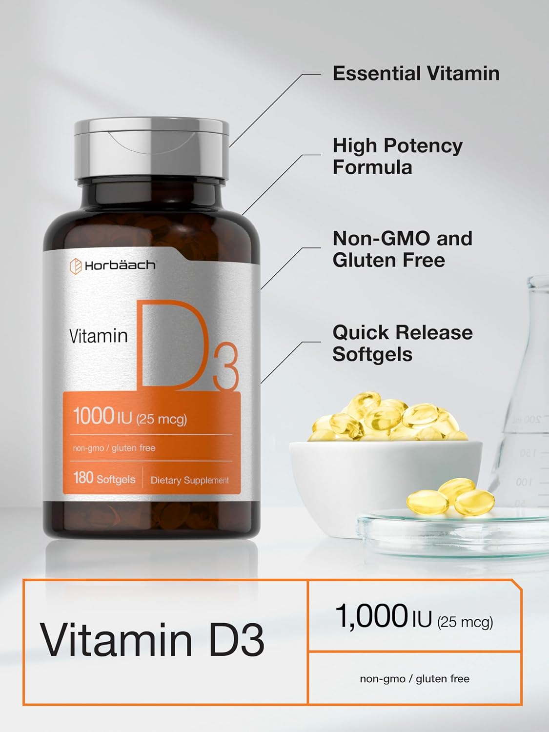 Horbäach Vitamin D3 1000IU (25mcg) Softgels | 180 Count | High Potency Formula | Non-GM & Gluten-free Supplement - görsel 4
