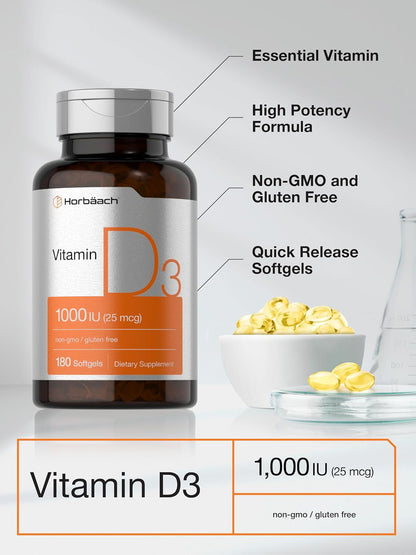 Horbäach Vitamin D3 1000IU (25mcg) Softgels | 180 Count | High Potency Formula | Non-GM & Gluten-free Supplement