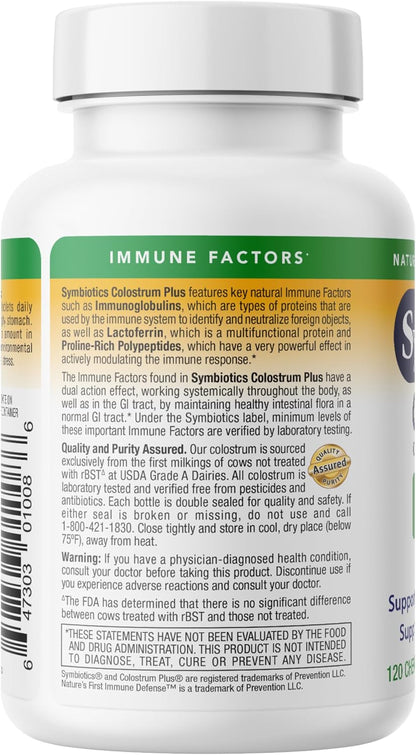 Symbiotics Colostrum Chewable Tablets – Immune and Digestive Support with Lactoferrin, 120 Count (Pineapple)