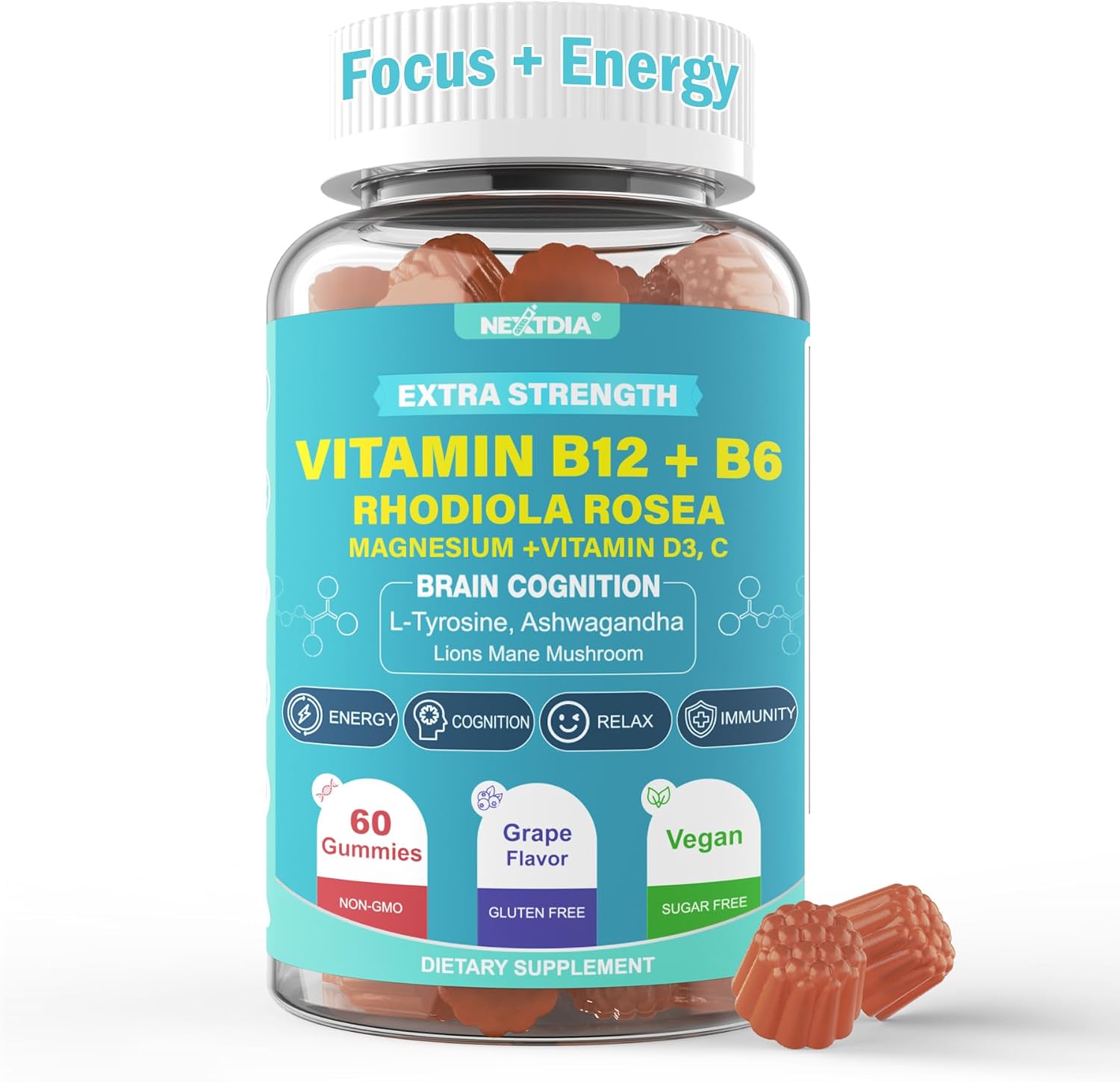 Focus Memory & Energy Gummies - L-Tyrosine + Methyl B12 1000mcg, B6 50mg, D3, C, Lion's Mane Mushroom - Brain & Cognition Support - 1 Pack - görsel 1