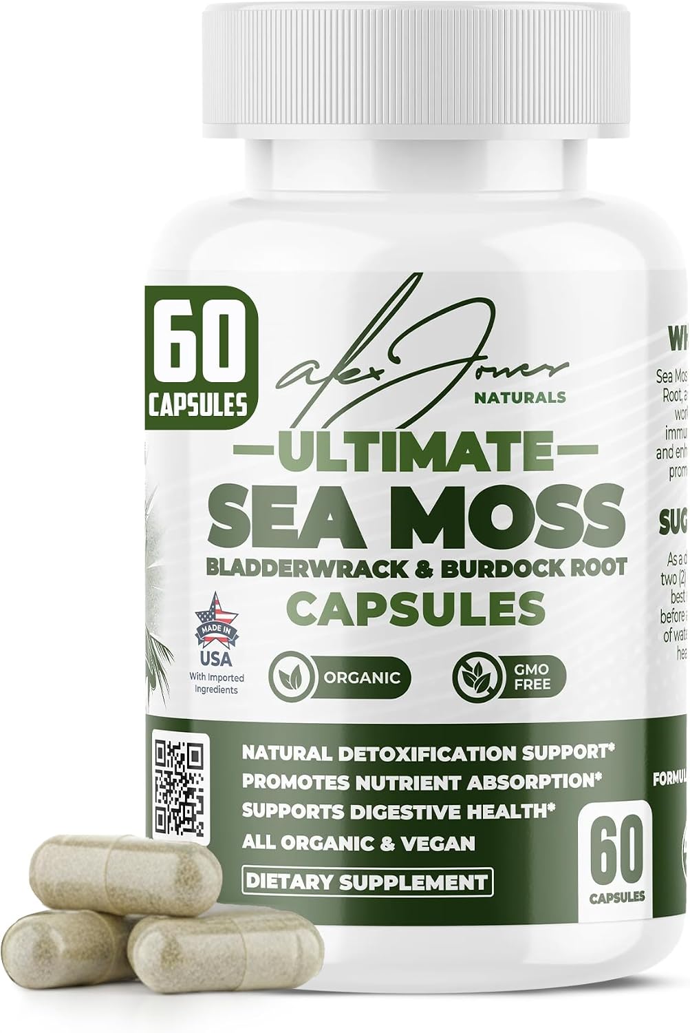 Alex Jones Ultimate Sea Moss Capsules – Vegan, Non-GM Seaweed Supplement with Bladderwrack and Burdock Root (60 Capsules) - görsel 1
