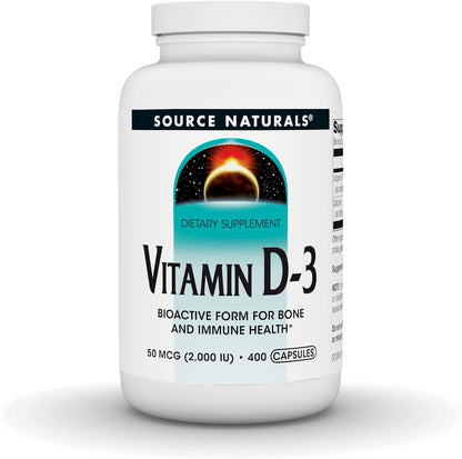 Source Naturals Vitamin D3 50 mcg (2000 IU) - Bioactive Cholecalciferol for Bone and Immune Health - 100 Capsules