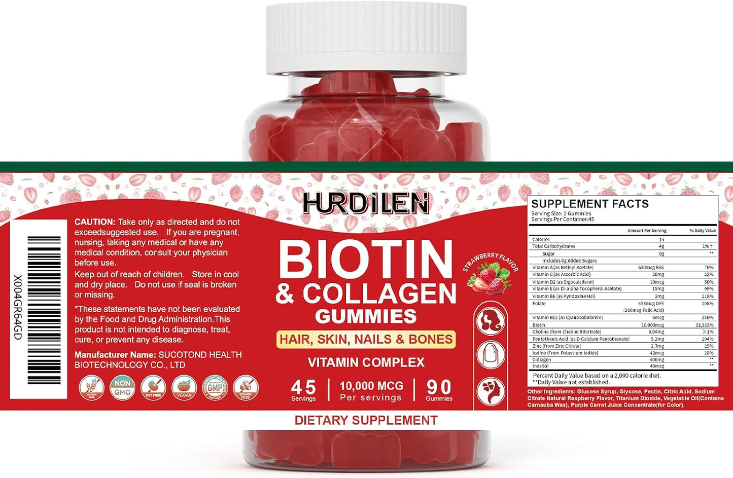 Hurdilen Hair, Skin and Nails Gummies - 10000mcg Biotin & Collagen, 90 Gummies for Women and Men - görsel 9