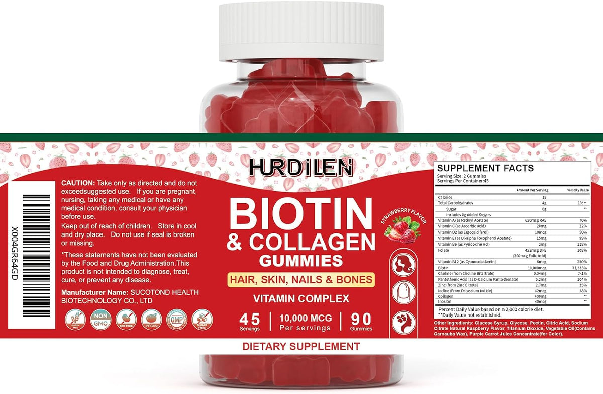 Hurdilen Hair, Skin and Nails Gummies - 10000mcg Biotin & Collagen, 90 Gummies for Women and Men - görsel 9
