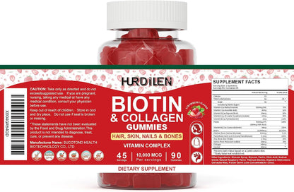 Hurdilen Hair, Skin and Nails Gummies - 10000mcg Biotin & Collagen, 90 Gummies for Women and Men