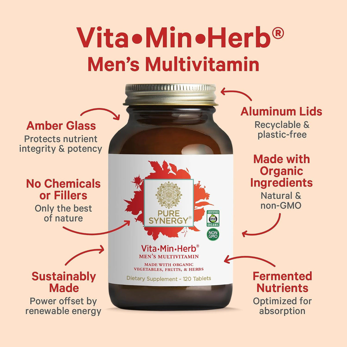 Pure Synergy Vita·Min·Herb for Men - Comprehensive Multivitamin Supplement with Organic Whole Food Ingredients (120 Tablets) - görsel 3