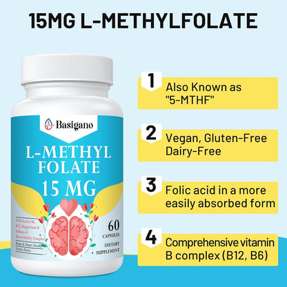 L-Methylfolate 15mg (5-MTHF) - Active Folic Acid with B6 and B12 - Vegan, Gluten-free, Dairy-Free