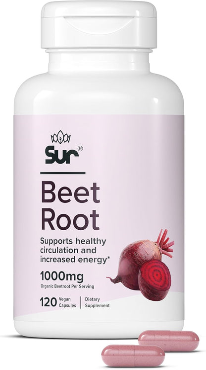 Sur Organic Beetroot Capsules 1000mg - Support Normal Circulation and Vitality - Nitric Oxide Superfood (120 Capsules)