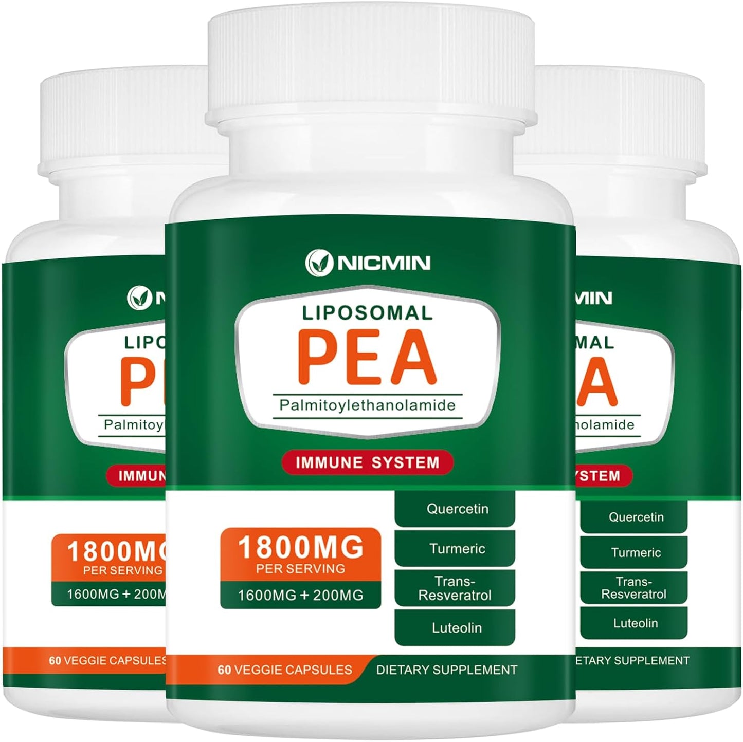 NICMIN 1600mg Palmitoylethanolamide 99% with Luteolin & Quercetin, High Absorption, PEA Supplement 180 Capsules - görsel 1
