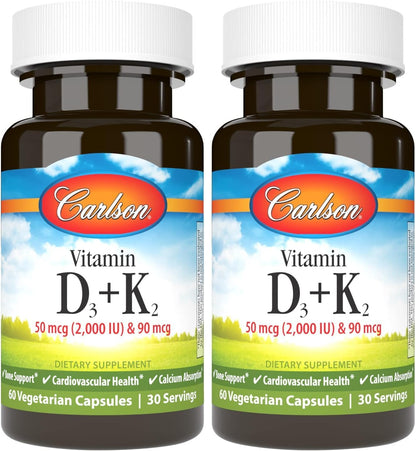 Carlson Vitamin D3 + K2, 2000 IU & 90 mcg MK-7, 120 Capsules