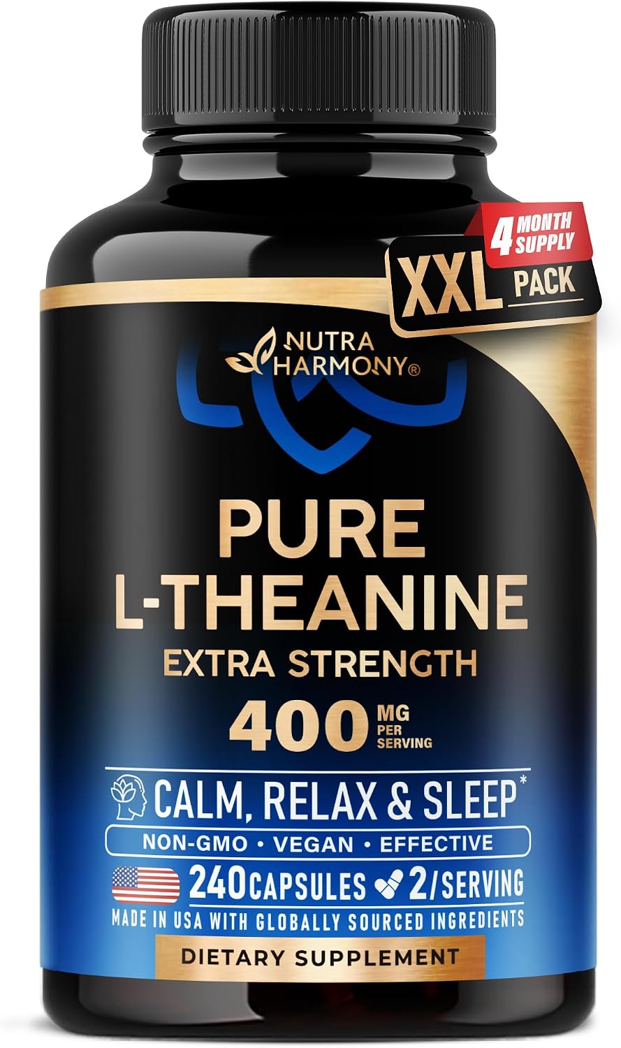 NUTRAHARMONY L-Theanine 400 mg – Calm & Relaxation Support Supplement (240 Vegan Capsules) - görsel 1