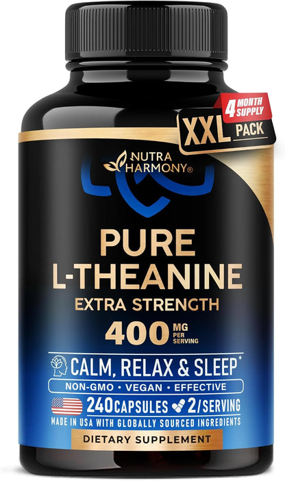 NUTRAHARMONY L-Theanine 400 mg – Calm & Relaxation Support Supplement (240 Vegan Capsules)