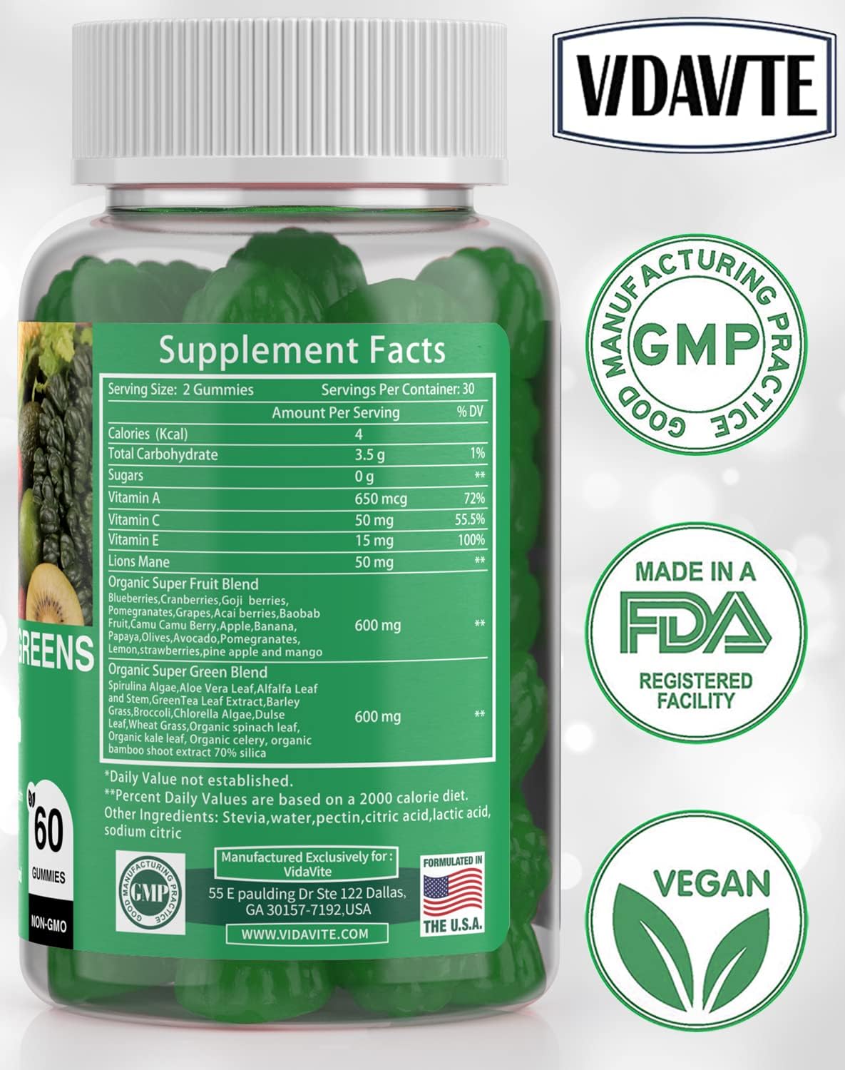 VIDAVITE Sugar-free Super Greens Gummies — Made in USA, 35+ Fruit and Veggie Gummies to Support Immunity, Skin & Gut Health — Ideal Fruits and Vegetables Supplement for Adults & Picky Teens (30-Day Supply) - görsel 9