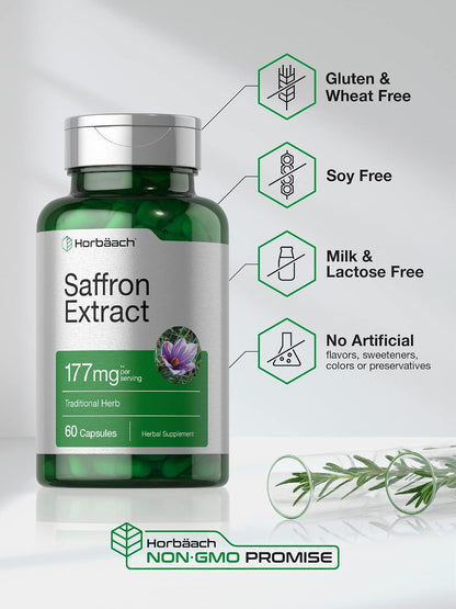 Horbäach Saffron Extract Capsules, 60 Capsules - Non-GMO, Gluten-free Food Supplement for Women and Men