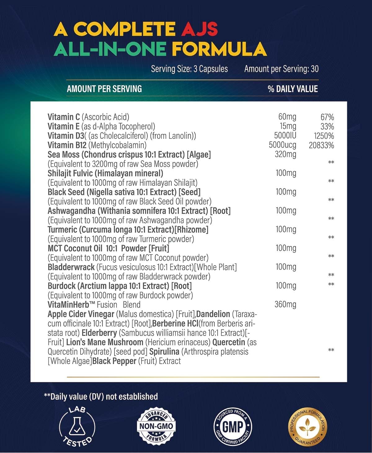 AJS Sea Moss Capsules 3200mg – Himalayan Shilajit, Black Seed Oil, Ashwagandha, Turmeric, and More (90 Capsules) - görsel 2