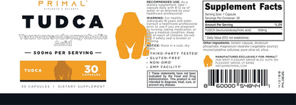 Primal Tudca 500mg 30 Capsules - Gluten-free, Non-GMO Tauroursodeoxycholic Acid Food Supplement