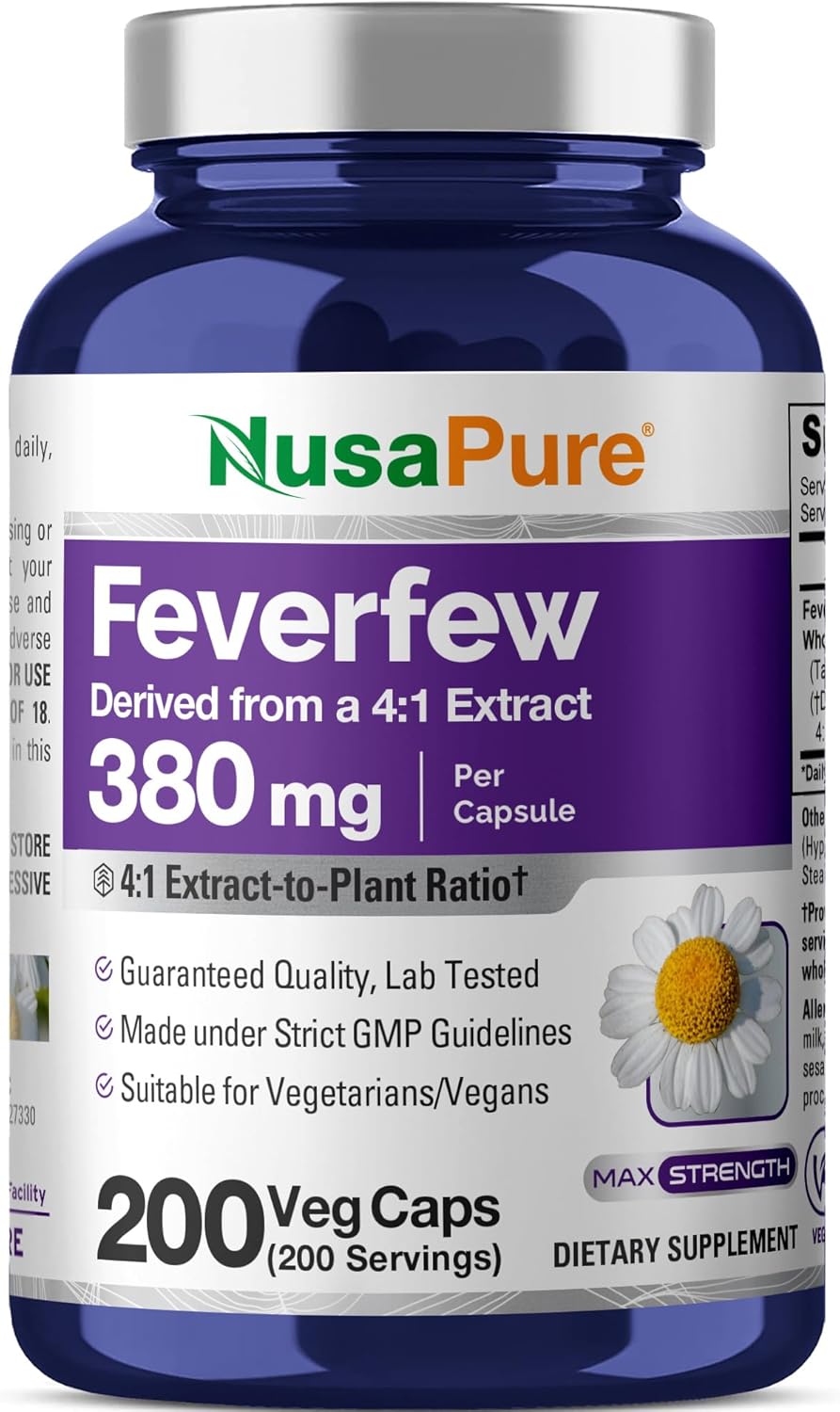NusaPure Feverfew Capsules, 380 mg, 200 Veg Capsules (Non-GMO, Gluten-Free) - görsel 1
