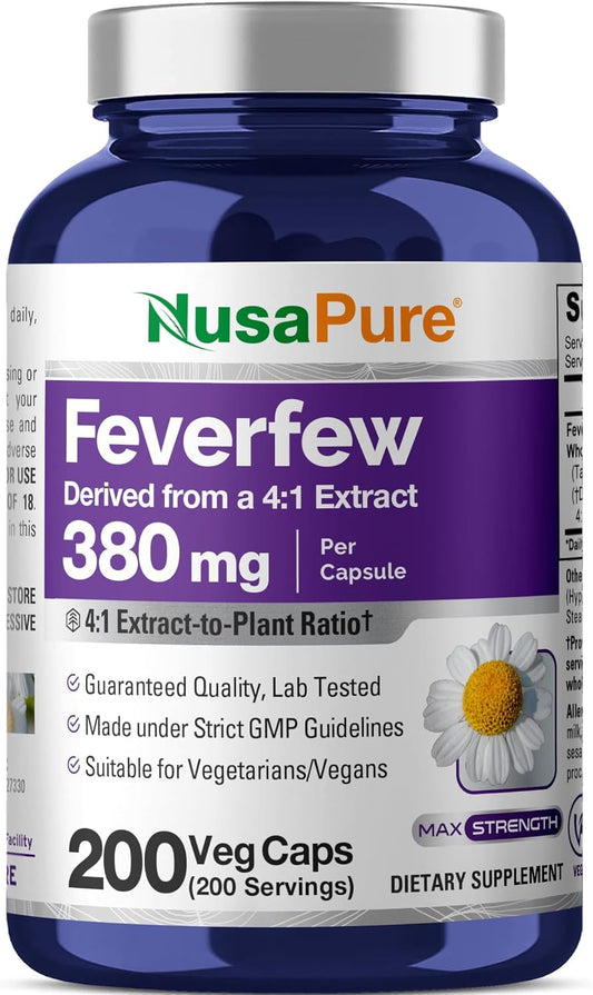 NusaPure Feverfew Capsules, 380 mg, 200 Veg Capsules (Non-GMO, Gluten-Free)