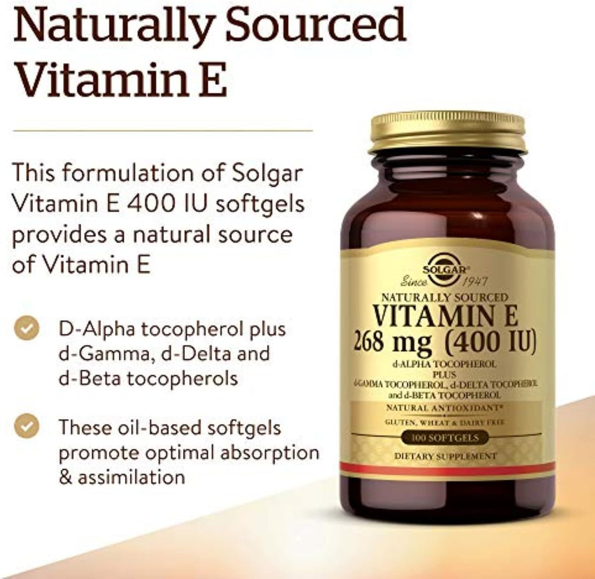 Solgar Vitamin E 268 mg (400 IU) with Mixed Tocopherols, 100 Softgels – Natural Antioxidant for Immune & Skin Support - görsel 3