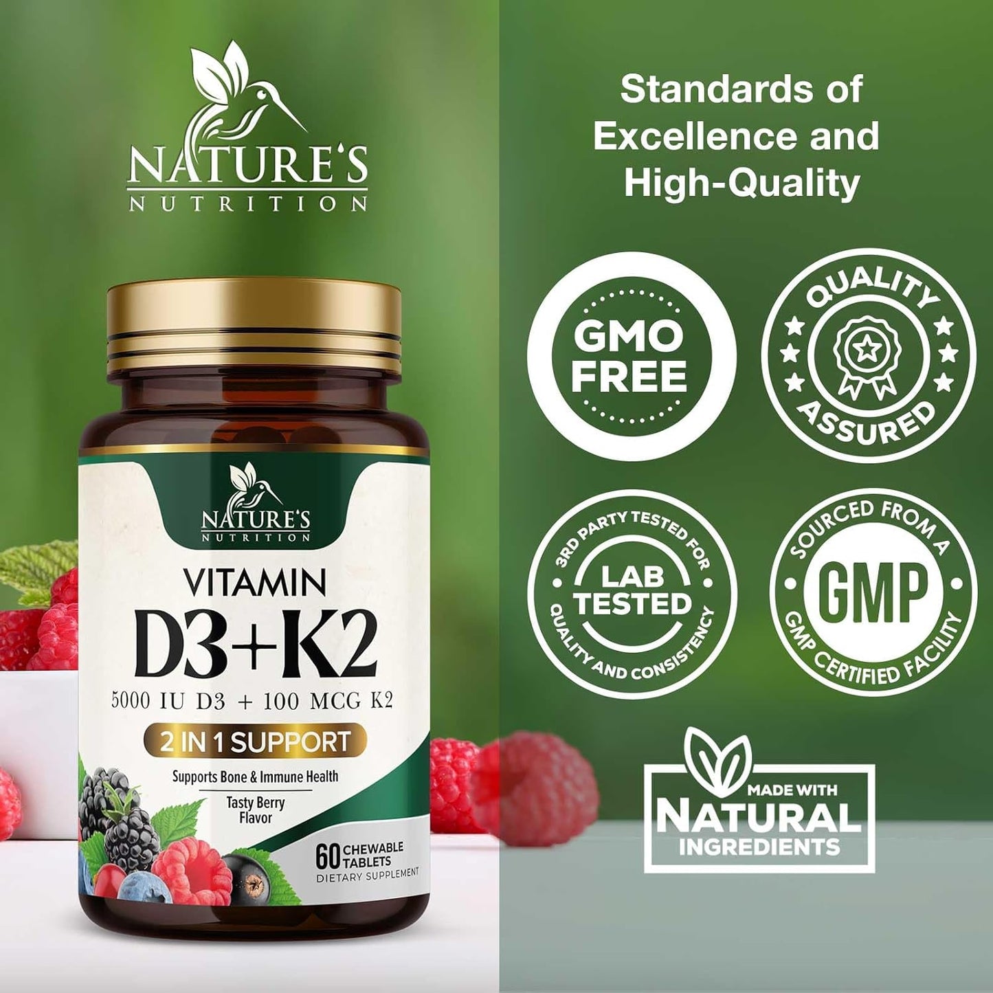 Vitamin D3 K2 Supplement | 5000 IU D3 + 100 mcg K2 (MK-7) | Chewable Berry Flavour | Non-GMO | 60 Tablets - görsel 4