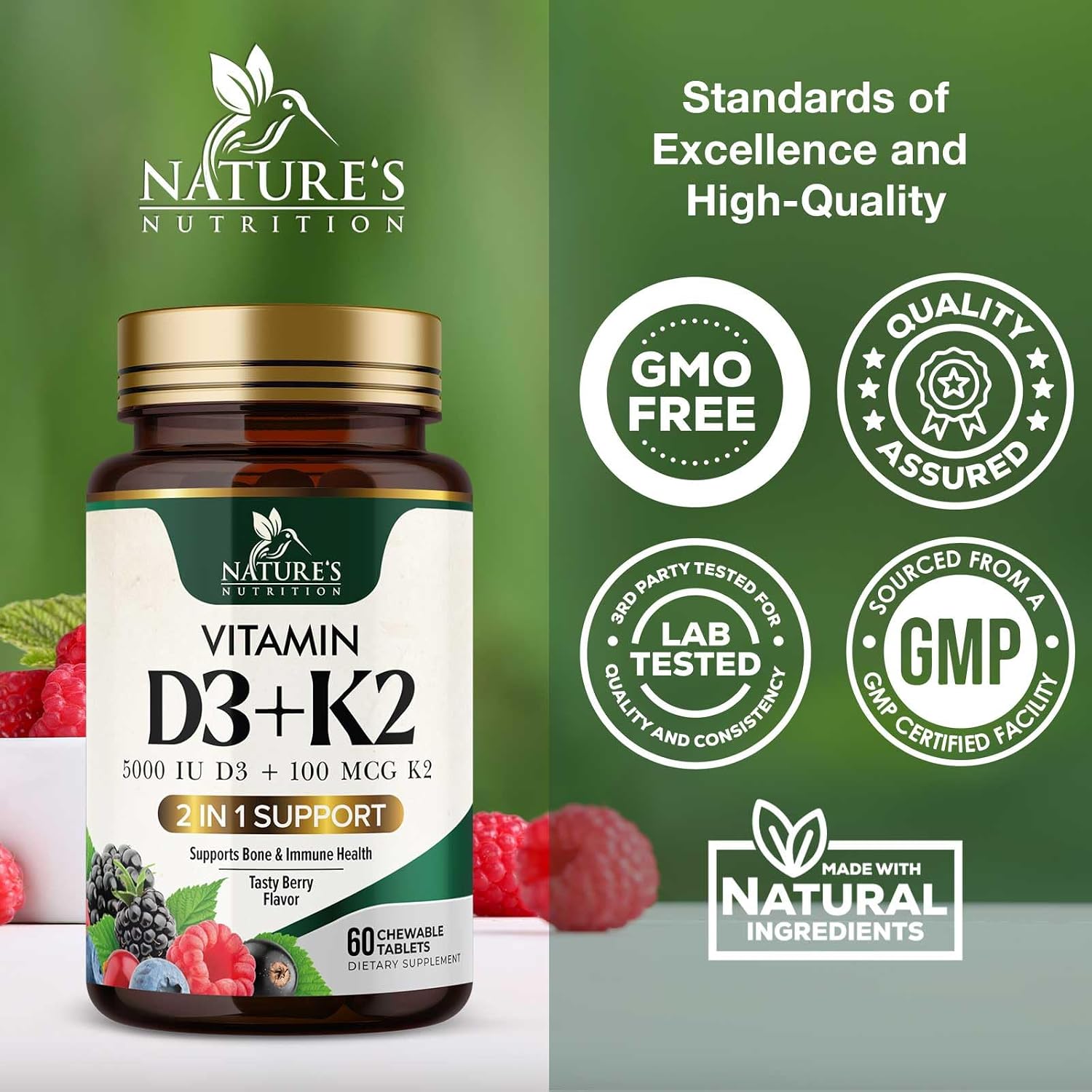 Vitamin D3 K2 Supplement | 5000 IU D3 + 100 mcg K2 (MK-7) | Chewable Berry Flavour | Non-GMO | 60 Tablets - görsel 4