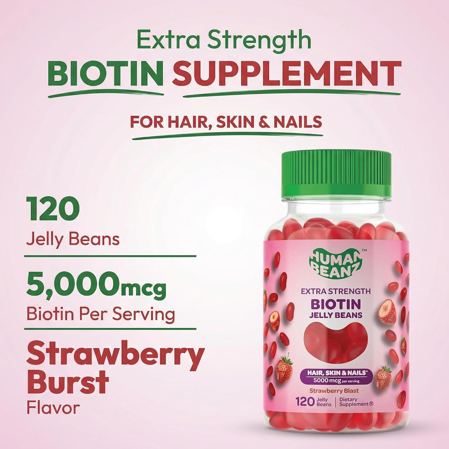 Human Beanz Biotin Jelly Bean Gummy Vitamins, Extra Strength 5000mcg for Hair, Skin & Nails, 120 Strawberry Blast Jelly Beans - görsel 2