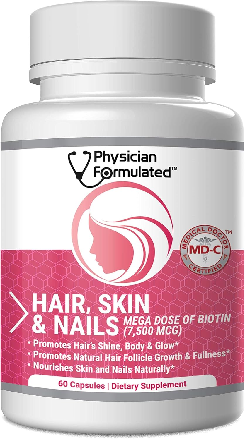 Physician Formulated Hair, Skin and Nails Vitamins - 7500 mcg Biotin with Collagen & Hyaluronic Acid - 60 Capsules – Image 1