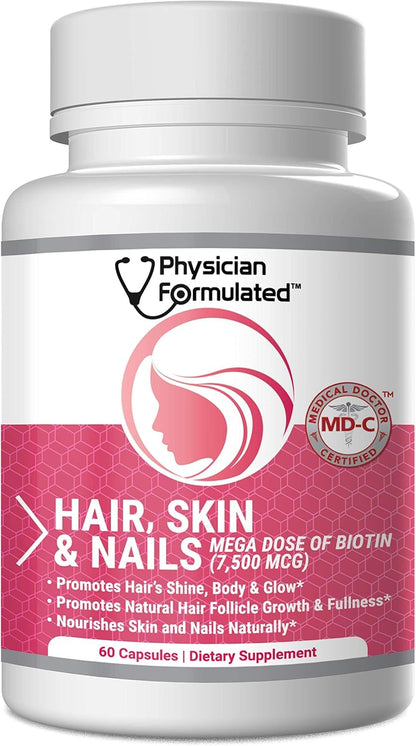 Physician Formulated Hair, Skin and Nails Vitamins - 7500 mcg Biotin with Collagen & Hyaluronic Acid - 60 Capsules – Image 1