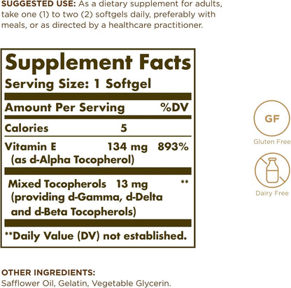 Solgar Vitamin E 200 IU – 100 Softgels – Natural Antioxidant & Immune Support