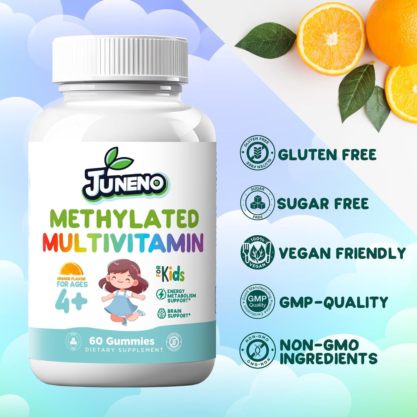 Juneno Methylated Multivitamin Gummies for Kids - MTHFR Support with B Complex, 5-MTHF Folate, B12, Vitamins A C D3 E - Vegan, Gluten-free, Sugar-Free - görsel 6