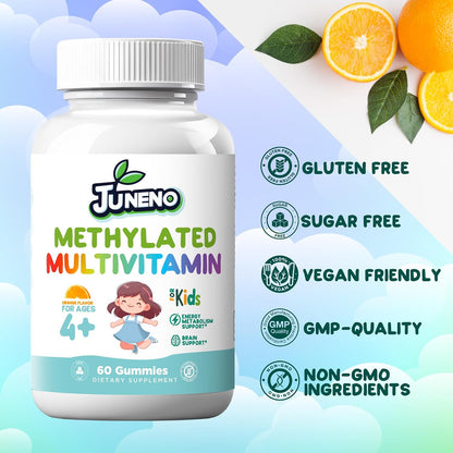 Juneno Methylated Multivitamin Gummies for Kids - MTHFR Support with B Complex, 5-MTHF Folate, B12, Vitamins A C D3 E - Vegan, Gluten-free, Sugar-Free
