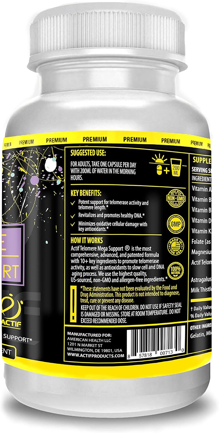 ACTIF Telomere Mega Support - Telomerase and DNA Supplement with 10+ Advanced Factors, Non-GM, 60 Capsules - görsel 4