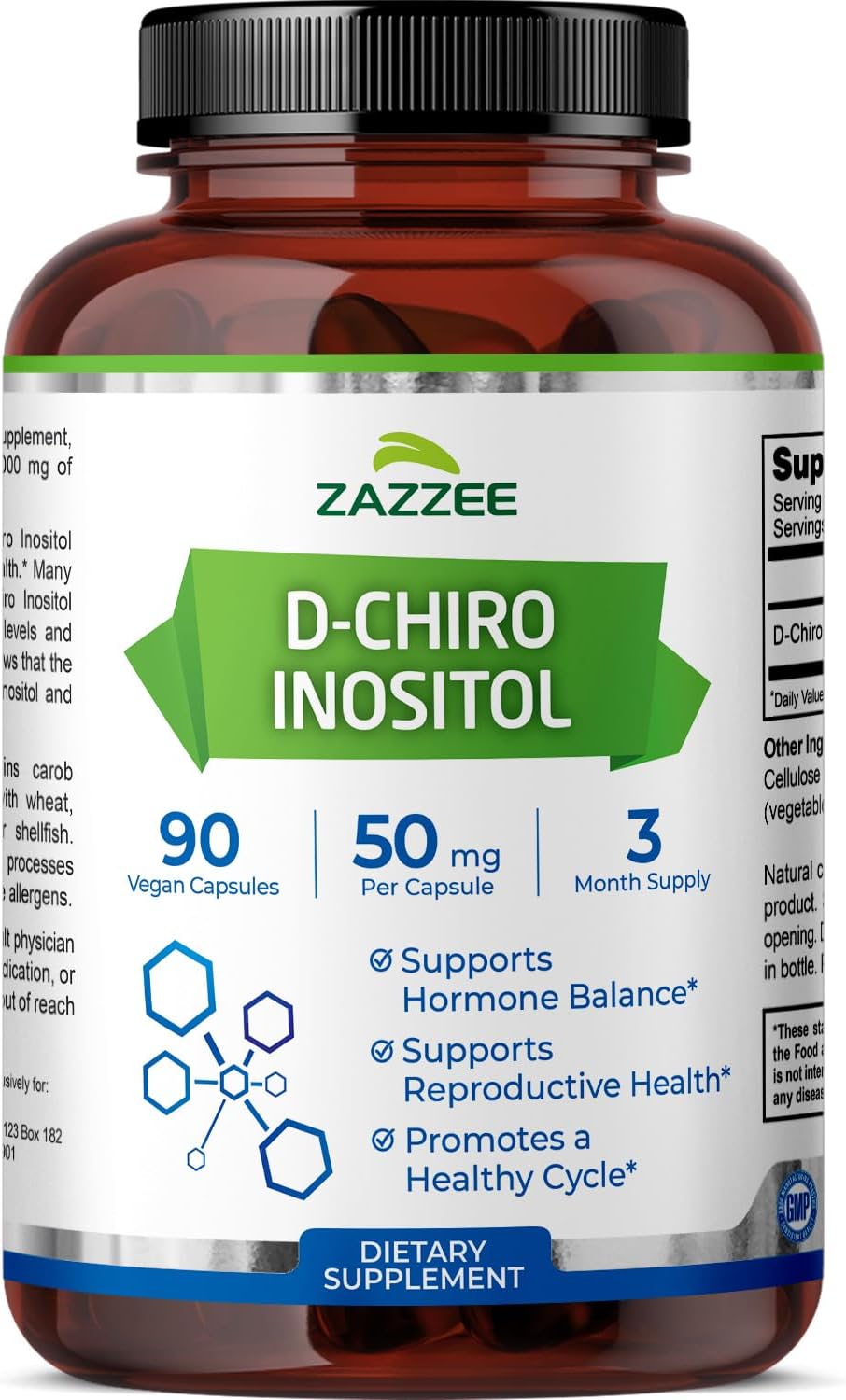 Zazzee D-Chiro-Inositol, 50 mg per Capsule, 90 Vegan Capsules, Ideal for 40:1 Ratio with Myo-Inositol, 3-Month Supply, 100% Vegetarian, Non-GMO - görsel 1