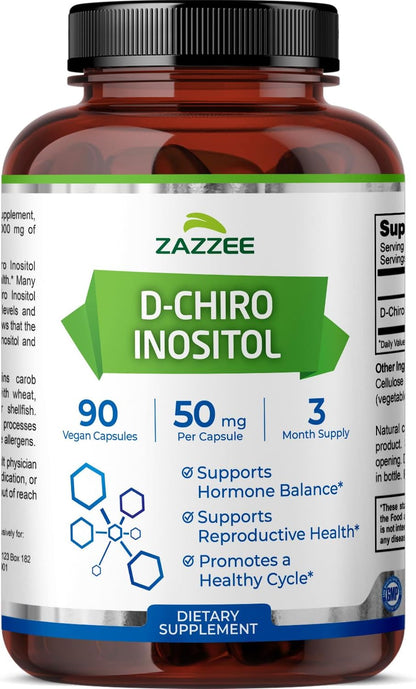 Zazzee D-Chiro-Inositol, 50 mg per Capsule, 90 Vegan Capsules, Ideal for 40:1 Ratio with Myo-Inositol, 3-Month Supply, 100% Vegetarian, Non-GMO