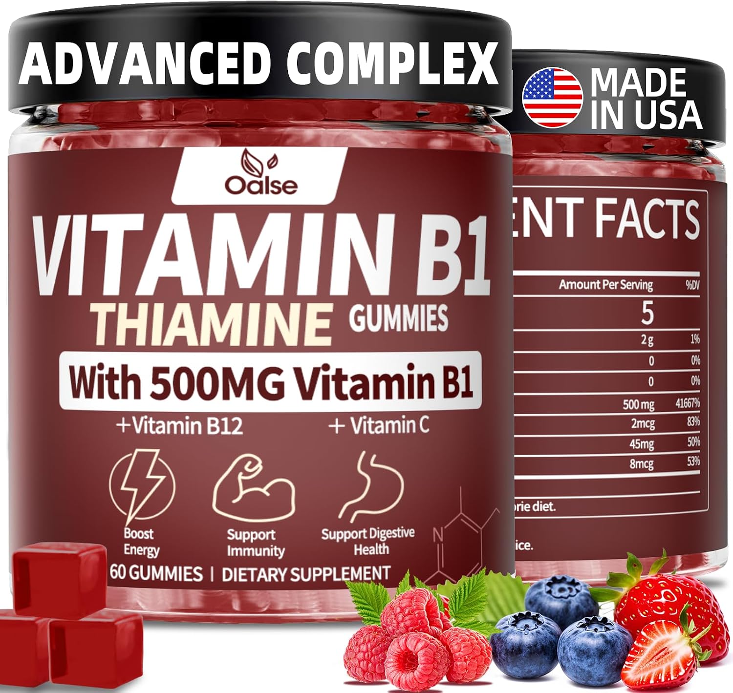 OALSE Thiamine Vitamin B1 Gummies - 500mg Vegan Sugar Free Supplement with Natural Mixed Berries Flavour (60 Counts) - görsel 1