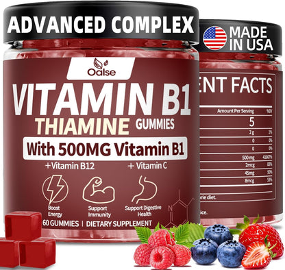 OALSE Thiamine Vitamin B1 Gummies - 500mg Vegan Sugar Free Supplement with Natural Mixed Berries Flavour (60 Counts)