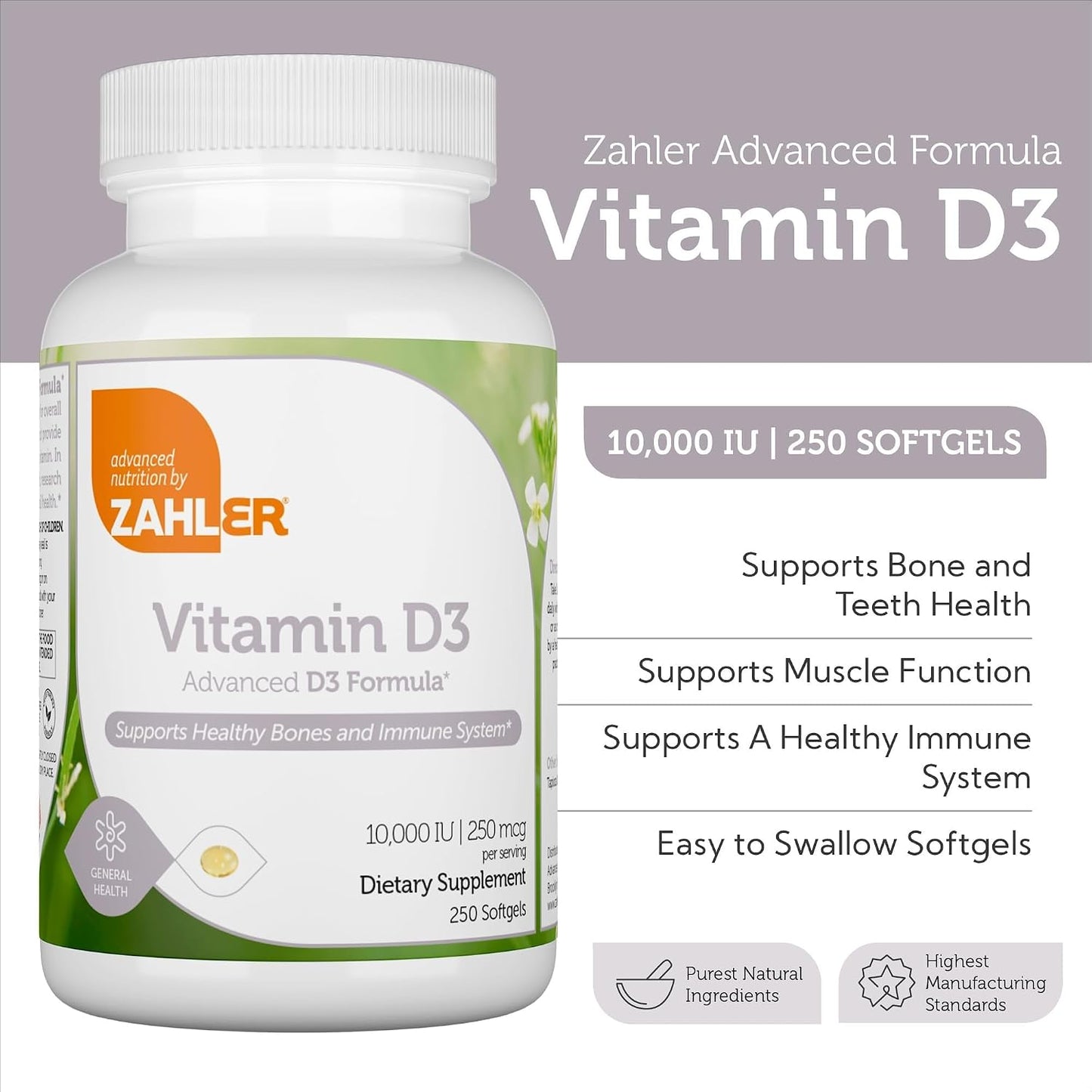 Zahler - Advanced Vitamin D3 10,000 IU Softgels (250) – Vitamin D for Immune, Bone, Teeth and Muscle Support - görsel 5