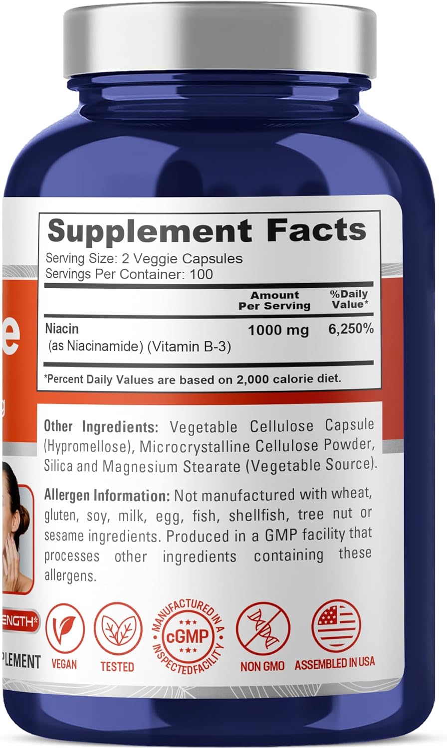 NusaPure Niacinamide 1000mg, 200 Vegetable Capsules - Flush-Free Vitamin B3 Supplement - görsel 2