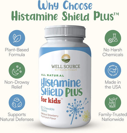 Histamine Shield Plus Kids – Natural Histamine Support Chewable Tablets, 60 Strawberry Fruit Punch