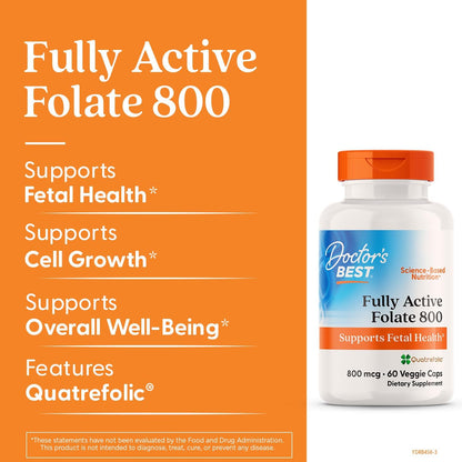 Doctor's Best Folate Supplement 800 mcg – Methylated Folate (5-MTHF) – Fully Active – 60 Vegan Capsules