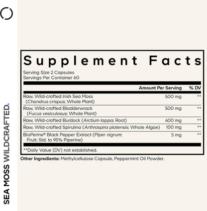 Codeage Raw Wildcrafted Irish Sea Moss Supplement with Spirulina, Bladderwrack, Burdock Root & Black Pepper - 120 Capsules