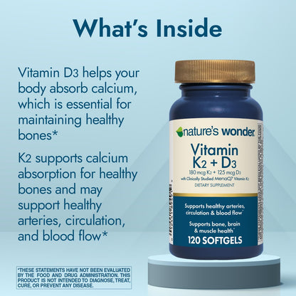 Nature's Wonder Vitamin K2 + D3 with MenaQ7 for Cardiovascular, Brain, Bone and Muscle Health, 120 Soft gel capsules, 120 Day Supply