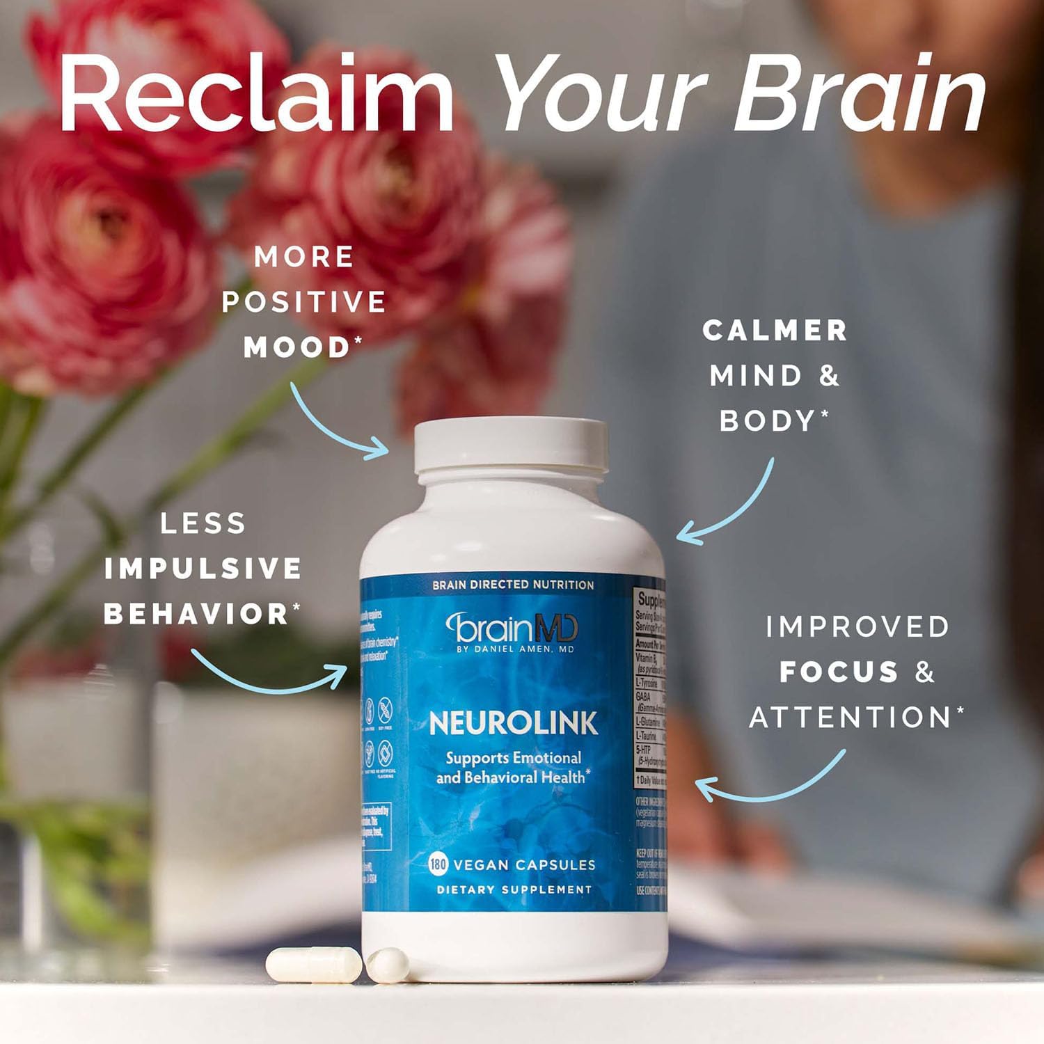 BRAINMD NeuroLink - Brain Function Supplement with GABA, 5-HTP, L-Tyrosine - 180 Capsules - görsel 2