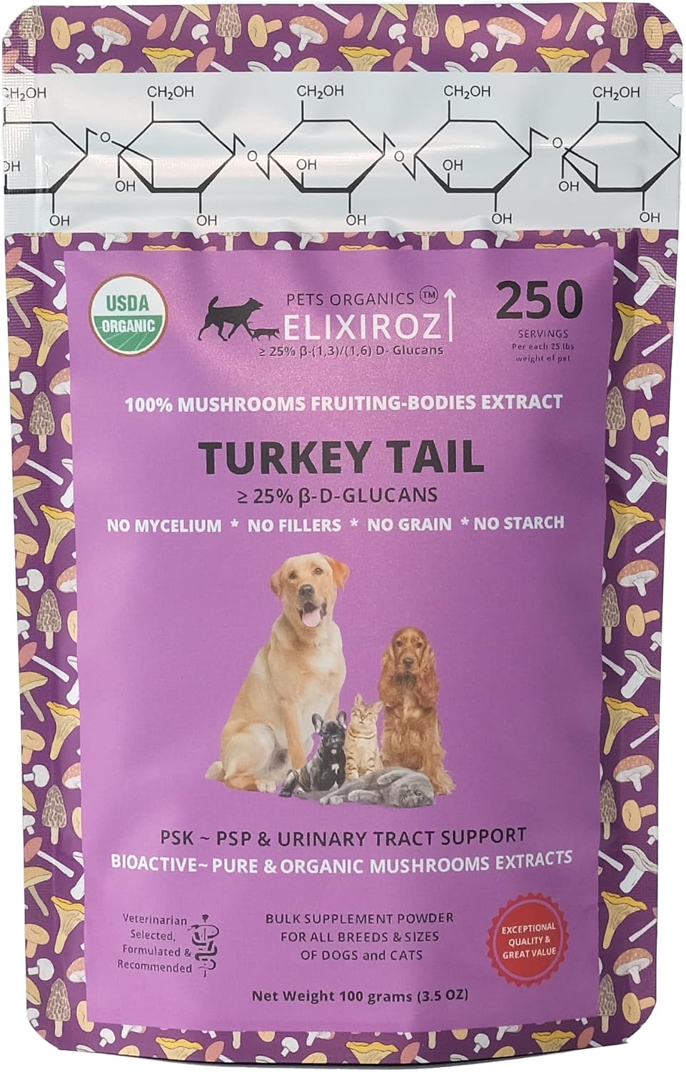 Turkey Tail Mushroom Extract for Dogs & Cats – 25%+ Beta Glucans – Concentrated Fruiting Body Extract (8:1–12:1) – Immune & Gut Support – No Fillers – 250 Servings - görsel 1