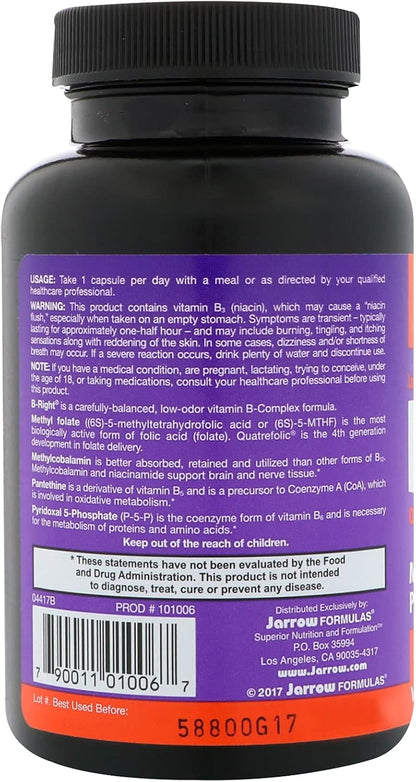 Jarrow Formulae B-Right Low-Odour Vitamin B-Complex, 100 Capsules