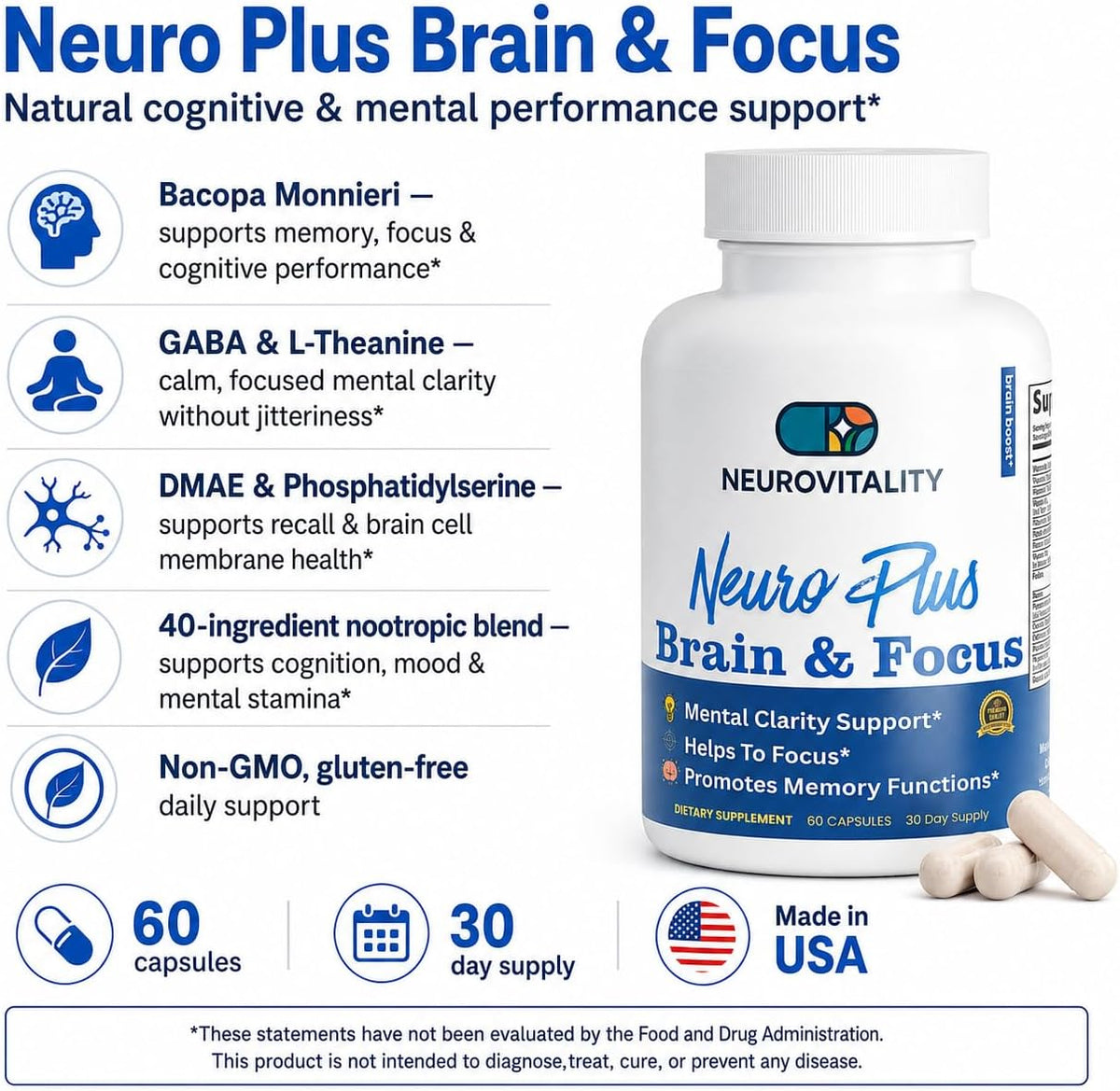Neuro Plus Brain and Focus Formula – 40 Nootropic Blend for Memory, Focus & Cognitive Function (60 Capsules) - görsel 2