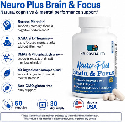 Neuro Plus Brain and Focus Formula – 40 Nootropic Blend for Memory, Focus & Cognitive Function (60 Capsules)